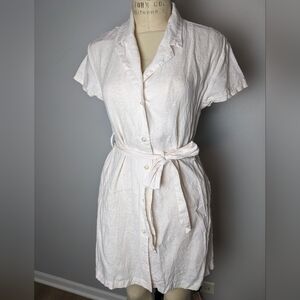 Tahari Linen Safari, Belted Button Dress  Cap Sleeve Notched Lapel Cream, Large